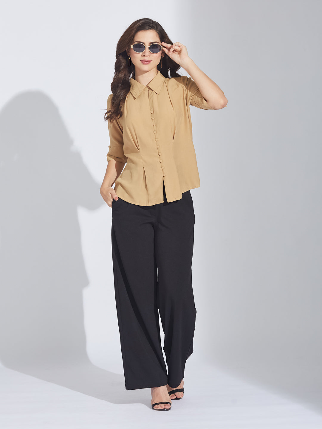 Latin Quarters Women's Beige Half Sleeves Collared Solid Casual Regular Shirt