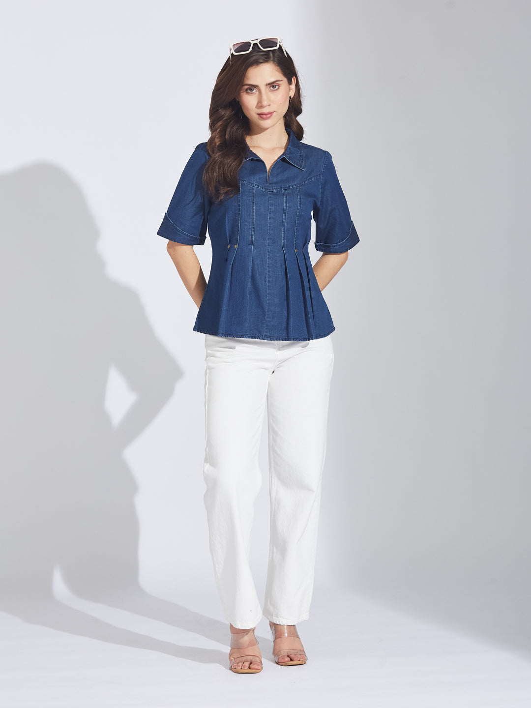 Latin Quarters Women's Blue Half Sleeves Solid Collar Neck Casual Top