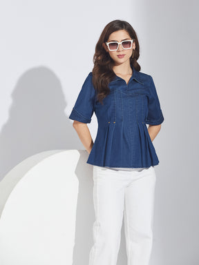 Latin Quarters Women's Blue Half Sleeves Solid Collar Neck Casual Top