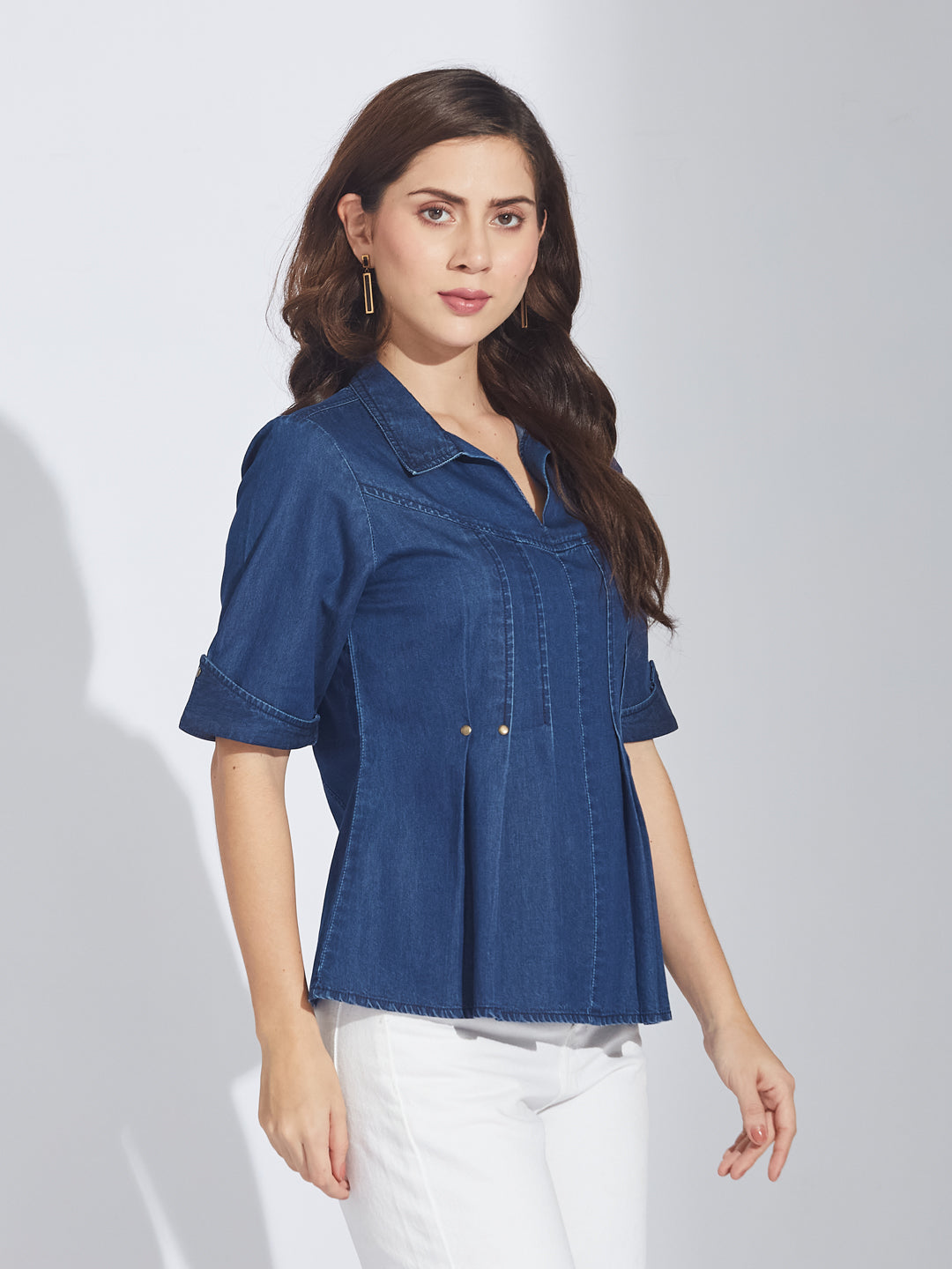 Latin Quarters Women's Blue Half Sleeves Solid Collar Neck Casual Top