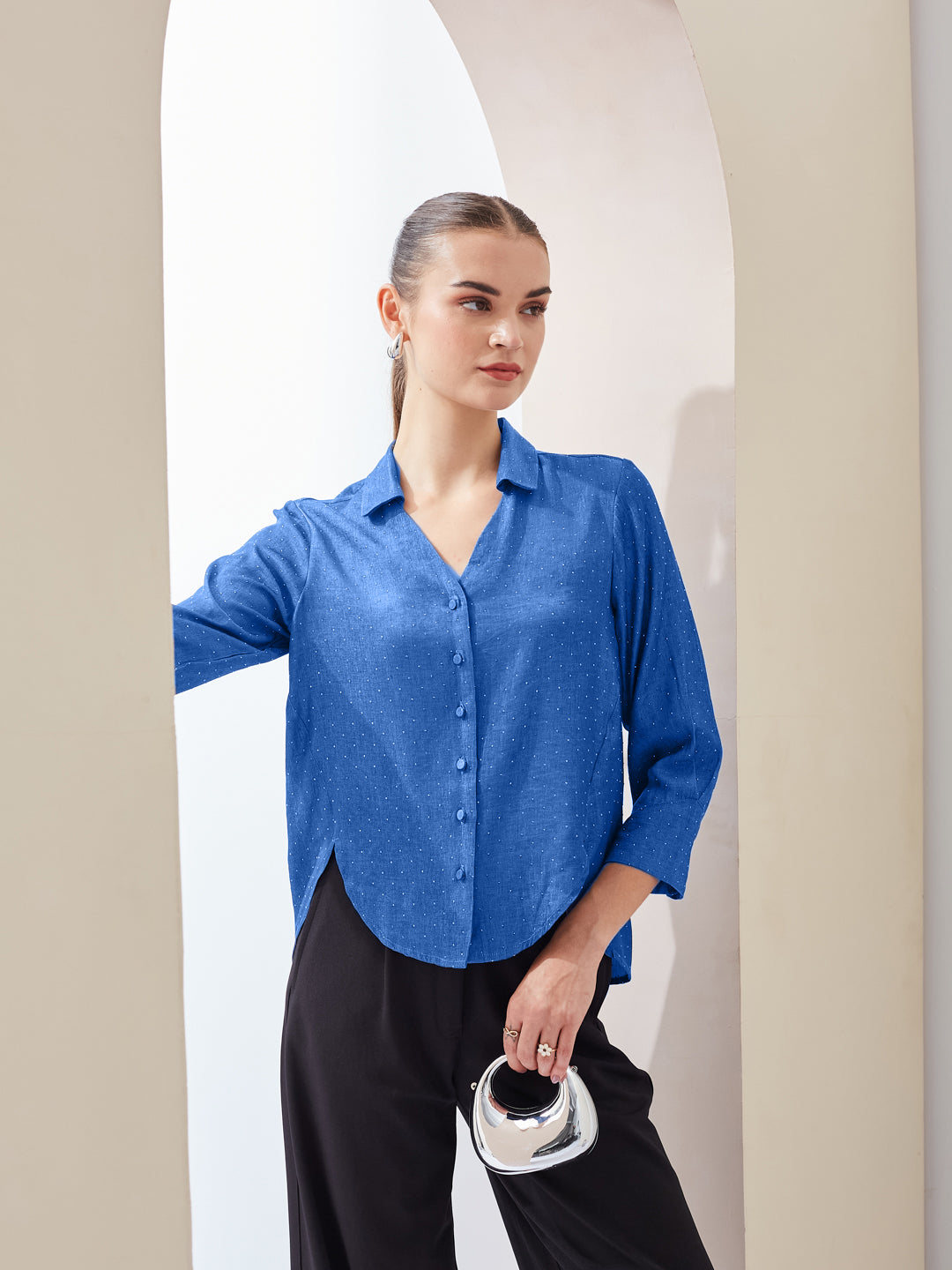 Latin Quarters Women Blue Spread Collar Long Sleeves Shirt for Casual Wear