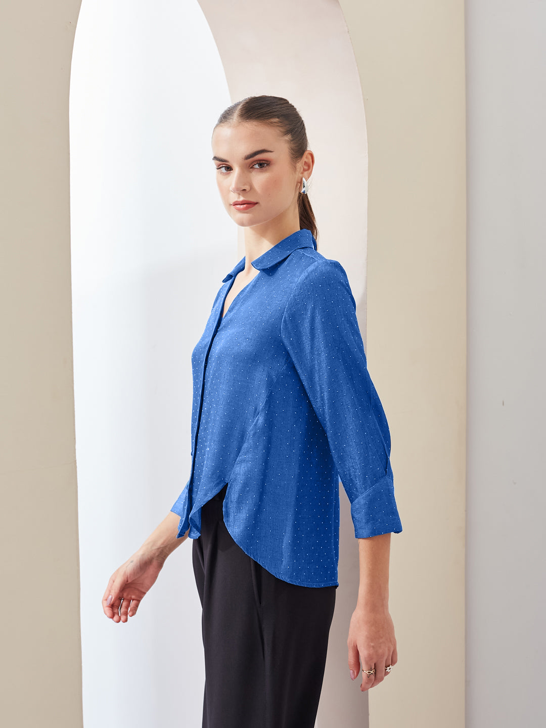 Latin Quarters Women Blue Spread Collar Long Sleeves Shirt for Casual Wear
