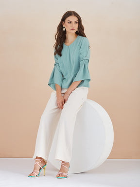 Latin Quarters Women Green Round Neck 3/4th Bell Sleeves Solid Peplum Top For Casual Wear