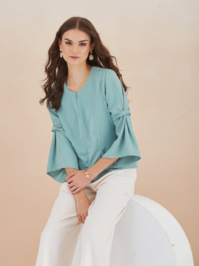 Latin Quarters Women Green Round Neck 3/4th Bell Sleeves Solid Peplum Top For Casual Wear