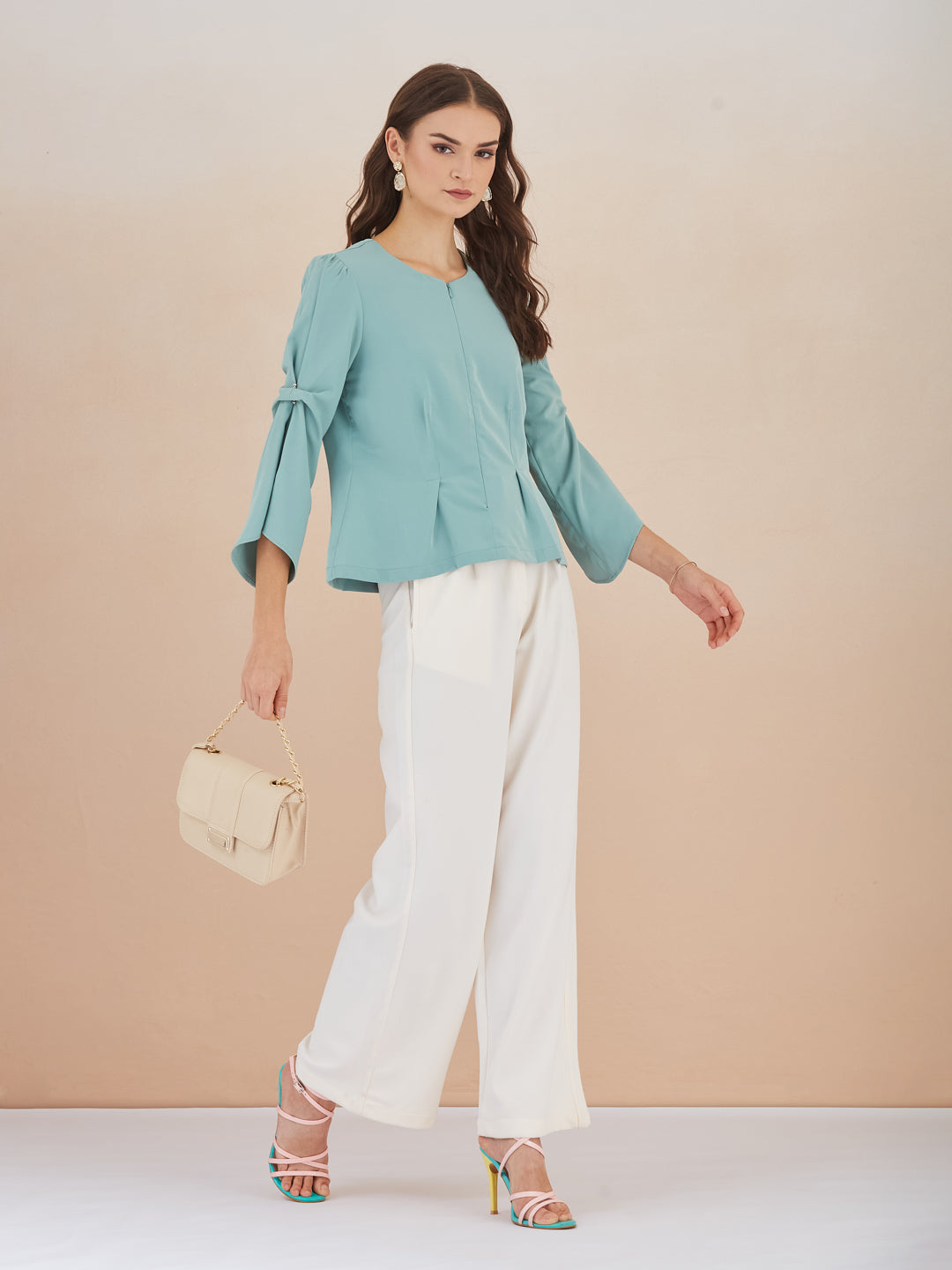 Latin Quarters Women Green Round Neck 3/4th Bell Sleeves Solid Peplum Top For Casual Wear