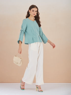 Latin Quarters Women Green Round Neck 3/4th Bell Sleeves Solid Peplum Top For Casual Wear