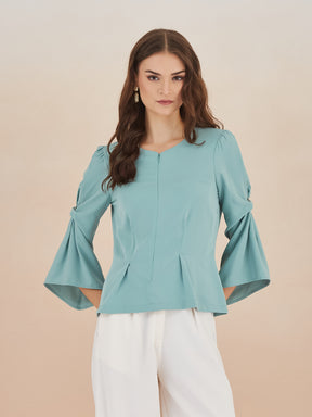 Latin Quarters Women Green Round Neck 3/4th Bell Sleeves Solid Peplum Top For Casual Wear