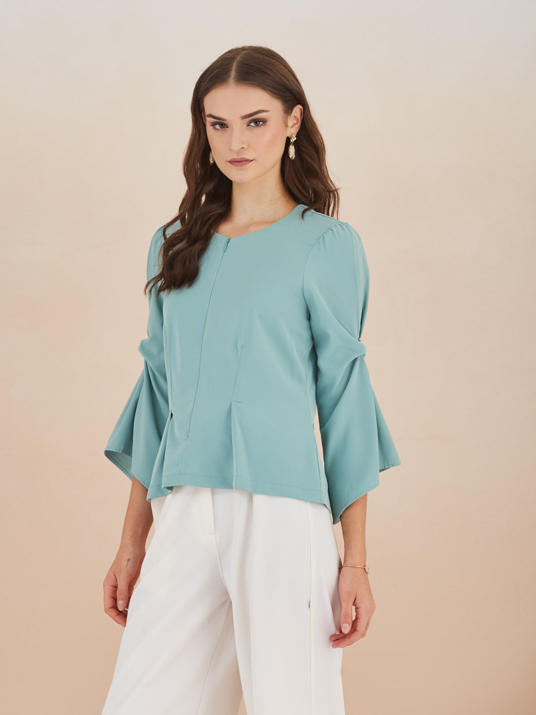 Latin Quarters Women Green Round Neck 3/4th Bell Sleeves Solid Peplum Top For Casual Wear