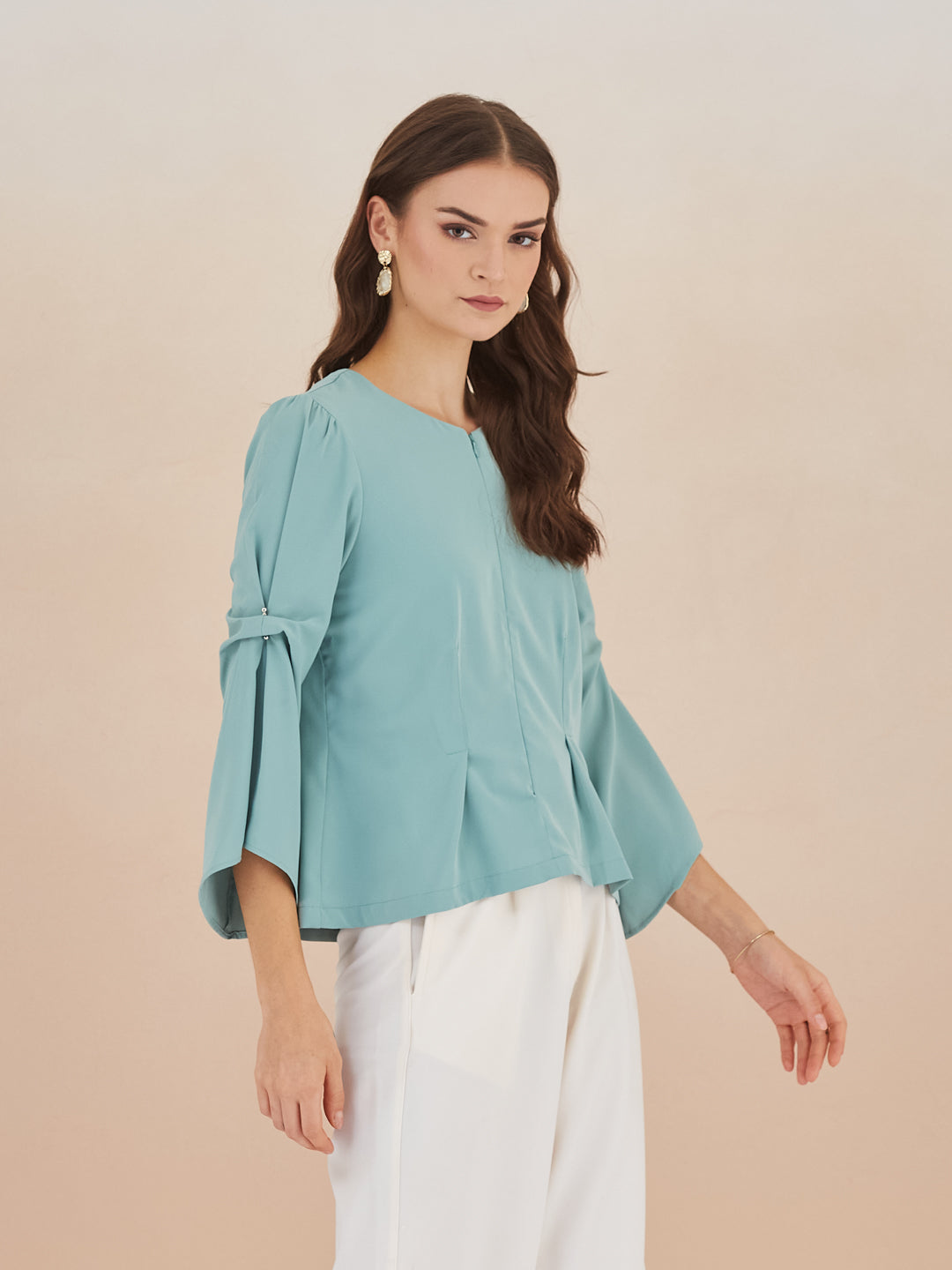 Latin Quarters Women Green Round Neck 3/4th Bell Sleeves Solid Peplum Top For Casual Wear