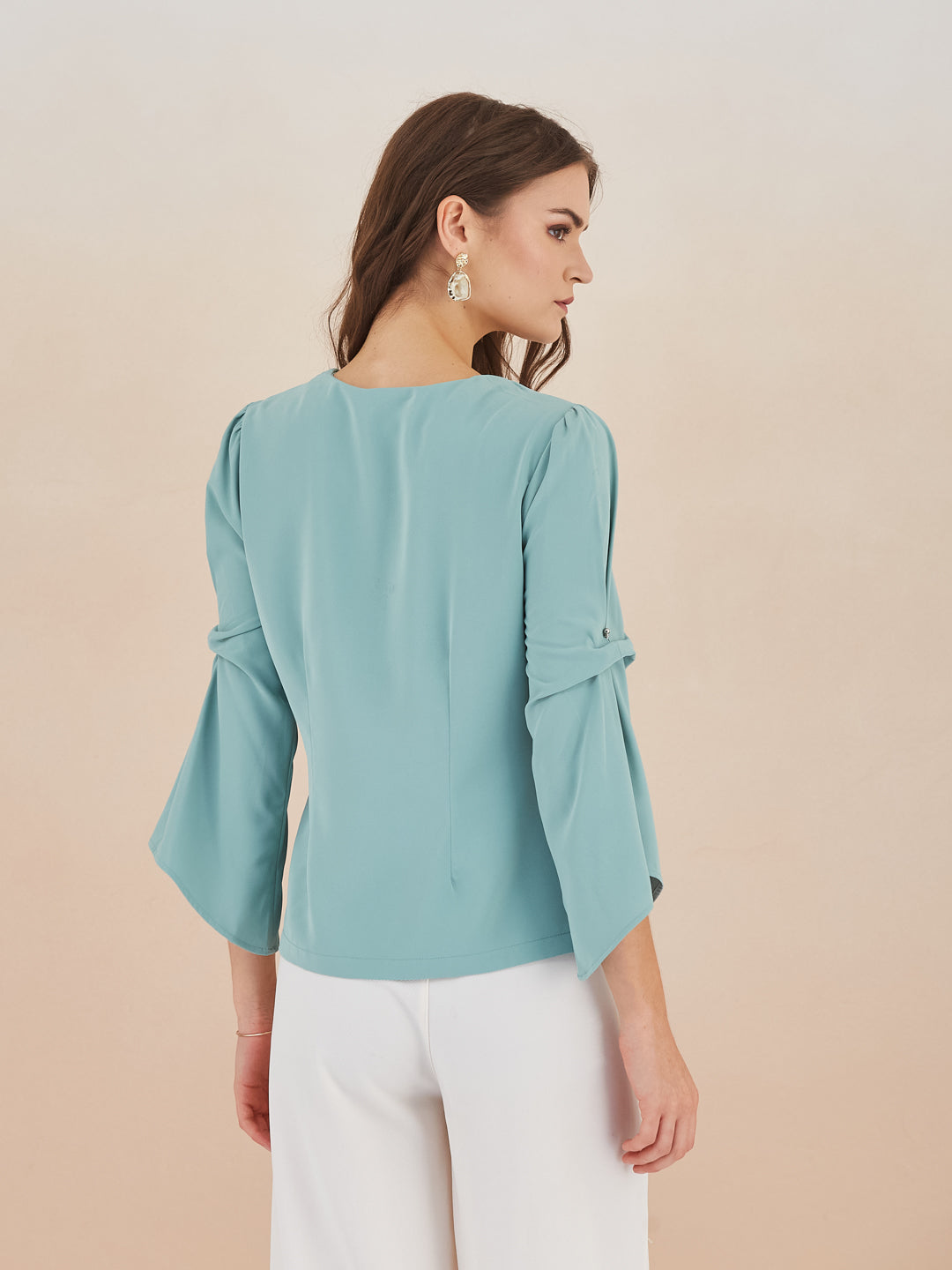 Latin Quarters Women Green Round Neck 3/4th Bell Sleeves Solid Peplum Top For Casual Wear
