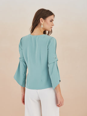 Latin Quarters Women Green Round Neck 3/4th Bell Sleeves Solid Peplum Top For Casual Wear