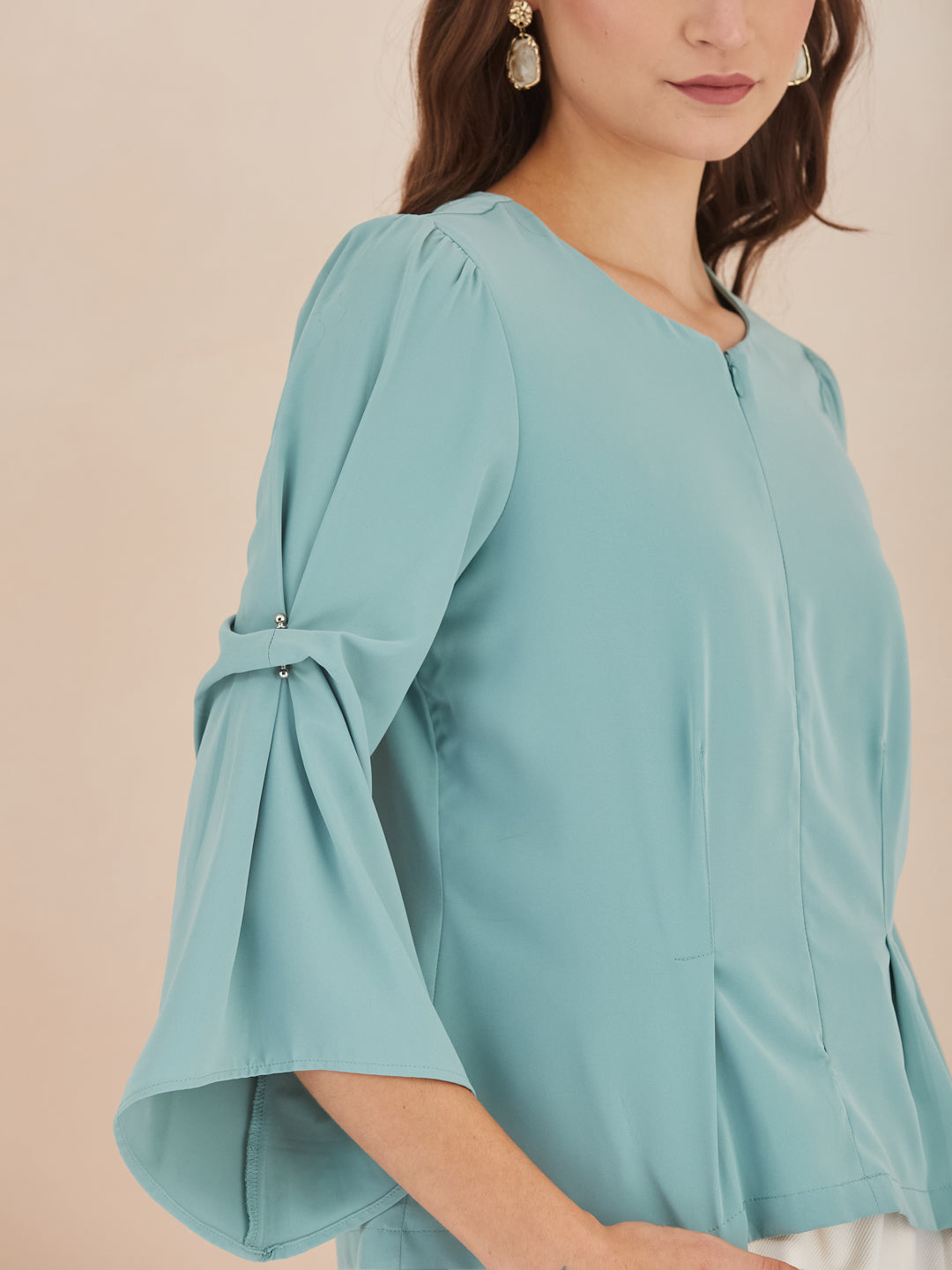 Latin Quarters Women Green Round Neck 3/4th Bell Sleeves Solid Peplum Top For Casual Wear