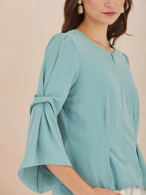 Latin Quarters Women Green Round Neck 3/4th Bell Sleeves Solid Peplum Top For Casual Wear