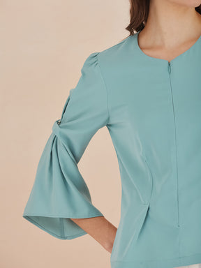 Latin Quarters Women Green Round Neck 3/4th Bell Sleeves Solid Peplum Top For Casual Wear