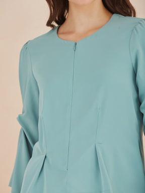 Latin Quarters Women Green Round Neck 3/4th Bell Sleeves Solid Peplum Top For Casual Wear
