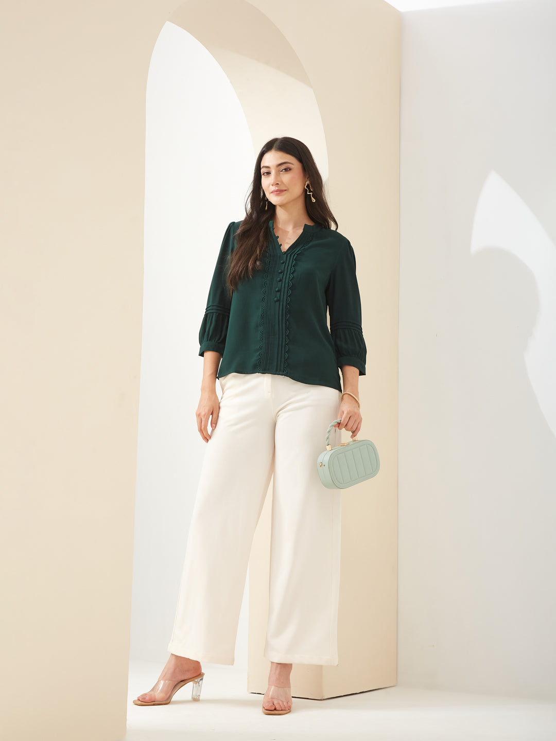 Latin Quarters Women Green Collared 3/4Th Sleeves Solid Casual Top
