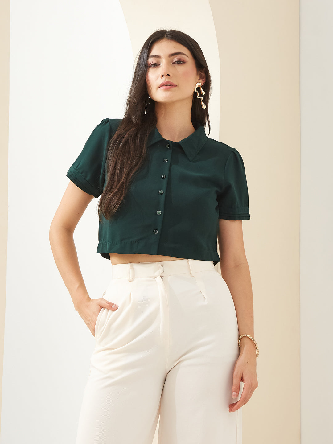 Latin Quarters Women Green Collared Short Sleeves Solid Casual Shirt