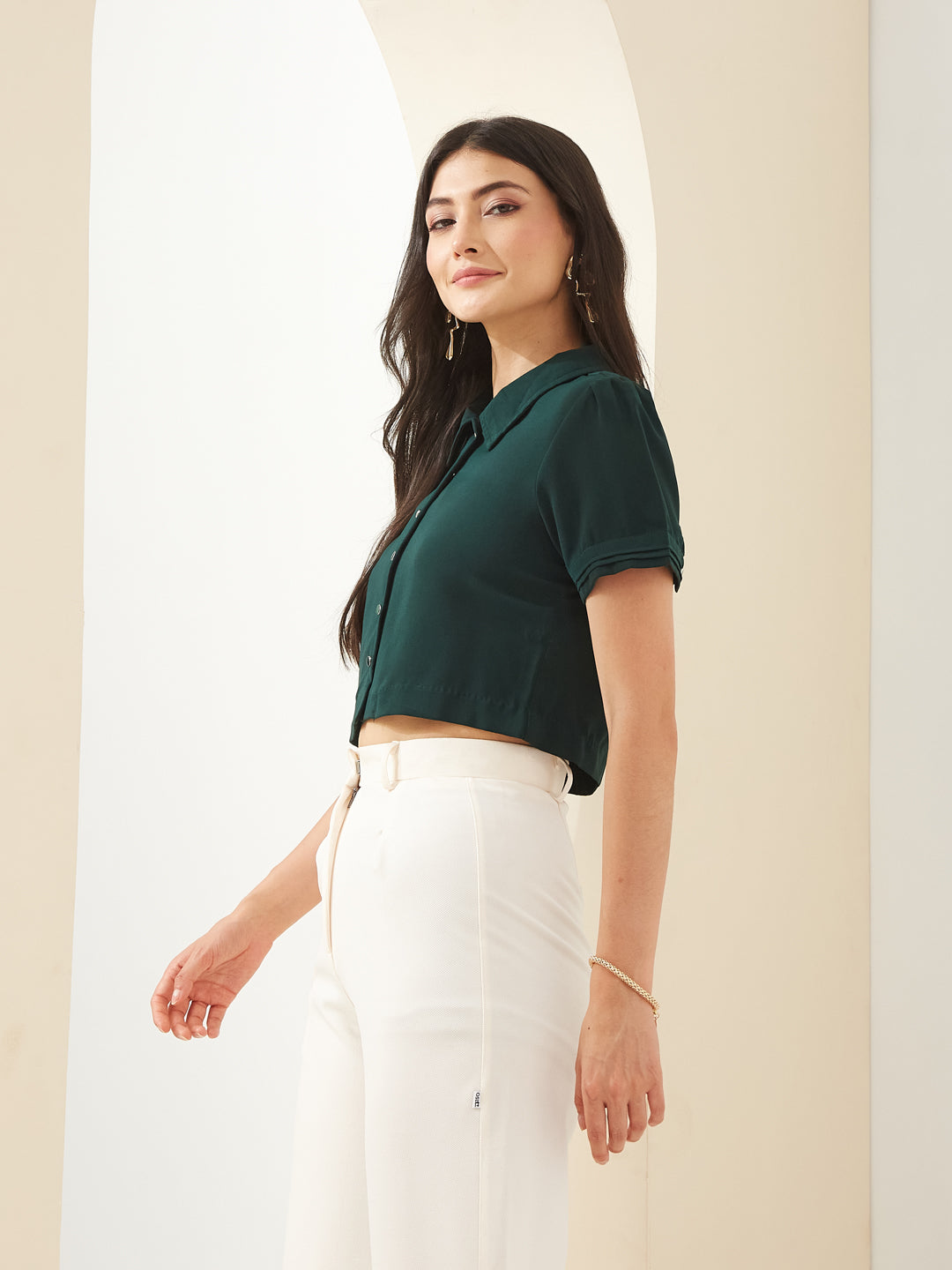 Latin Quarters Women Green Collared Short Sleeves Solid Casual Shirt