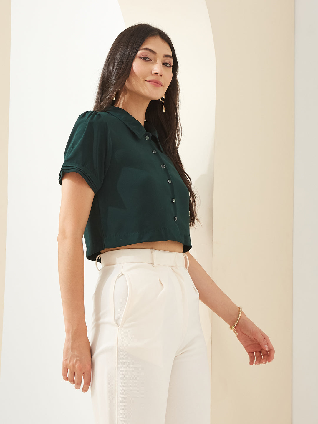 Latin Quarters Women Green Collared Short Sleeves Solid Casual Shirt