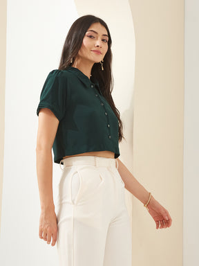 Latin Quarters Women Green Collared Short Sleeves Solid Casual Shirt