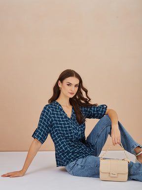 Latin Quarters Women Blue Checked V-Neck Half Sleeves Top for Casual Occasion
