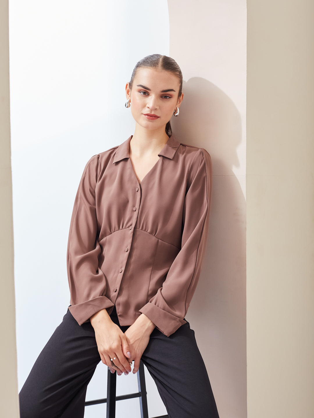Latin Quarters Women Brown Solid Collared Long Sleeve Casual Regular Shirt