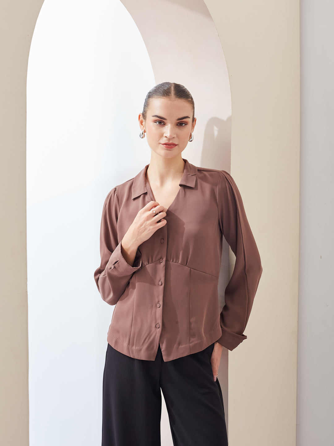 Latin Quarters Women Brown Solid Collared Long Sleeve Casual Regular Shirt