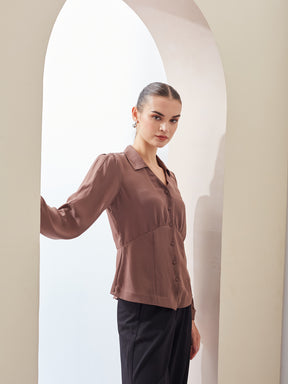 Latin Quarters Women Brown Solid Collared Long Sleeve Casual Regular Shirt