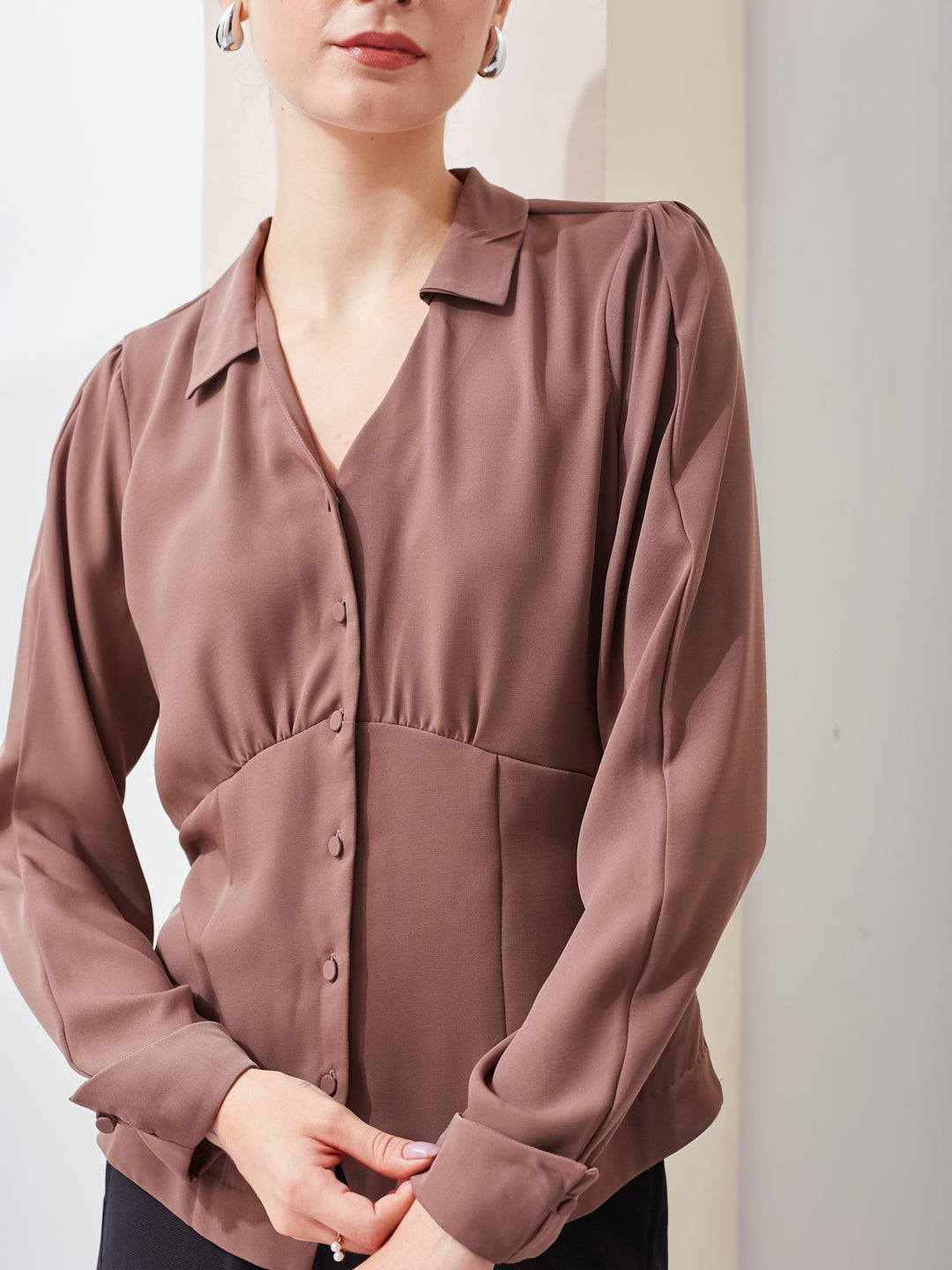 Latin Quarters Women Brown Solid Collared Long Sleeve Casual Regular Shirt