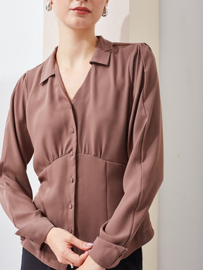 Latin Quarters Women Brown Solid Collared Long Sleeve Casual Regular Shirt