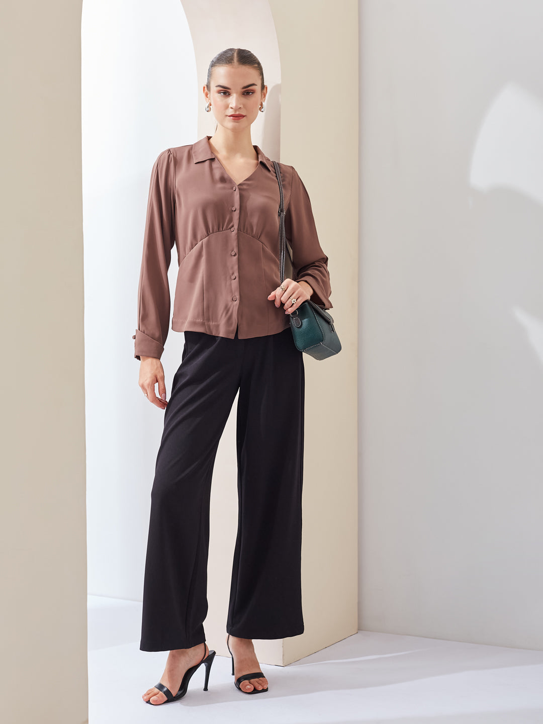 Latin Quarters Women Brown Solid Collared Long Sleeve Casual Regular Shirt
