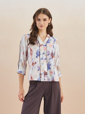 Latin Quarters Women White Abstract Print V-Neck 3/4th Sleeves Top for Casual Occasion
