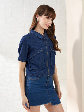 Latin Quarters Women's Blue Half Sleeves Collared Solid Casual Crop Shirt