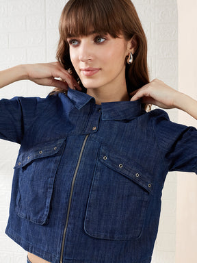 Latin Quarters Women's Blue Half Sleeves Collared Solid Casual Crop Shirt
