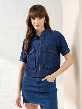 Latin Quarters Women's Blue Half Sleeves Collared Solid Casual Crop Shirt