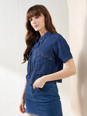 Latin Quarters Women's Blue Half Sleeves Collared Solid Casual Crop Shirt