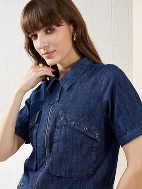 Latin Quarters Women's Blue Half Sleeves Collared Solid Casual Crop Shirt