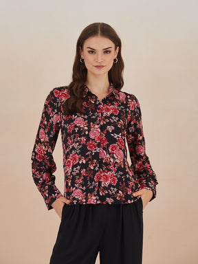 Latin Quarters Women Black Floral Print 3/4Th Sleeves Collared Shirt For Casual Wear