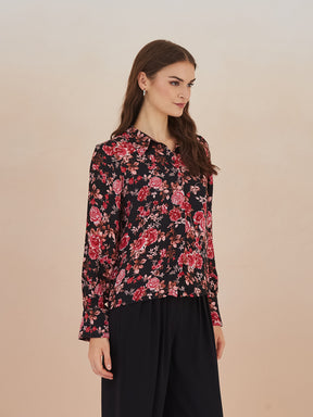 Latin Quarters Women Black Floral Print 3/4Th Sleeves Collared Shirt For Casual Wear