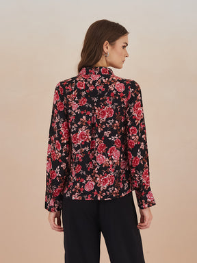 Latin Quarters Women Black Floral Print 3/4Th Sleeves Collared Shirt For Casual Wear