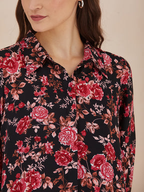 Latin Quarters Women Black Floral Print 3/4Th Sleeves Collared Shirt For Casual Wear