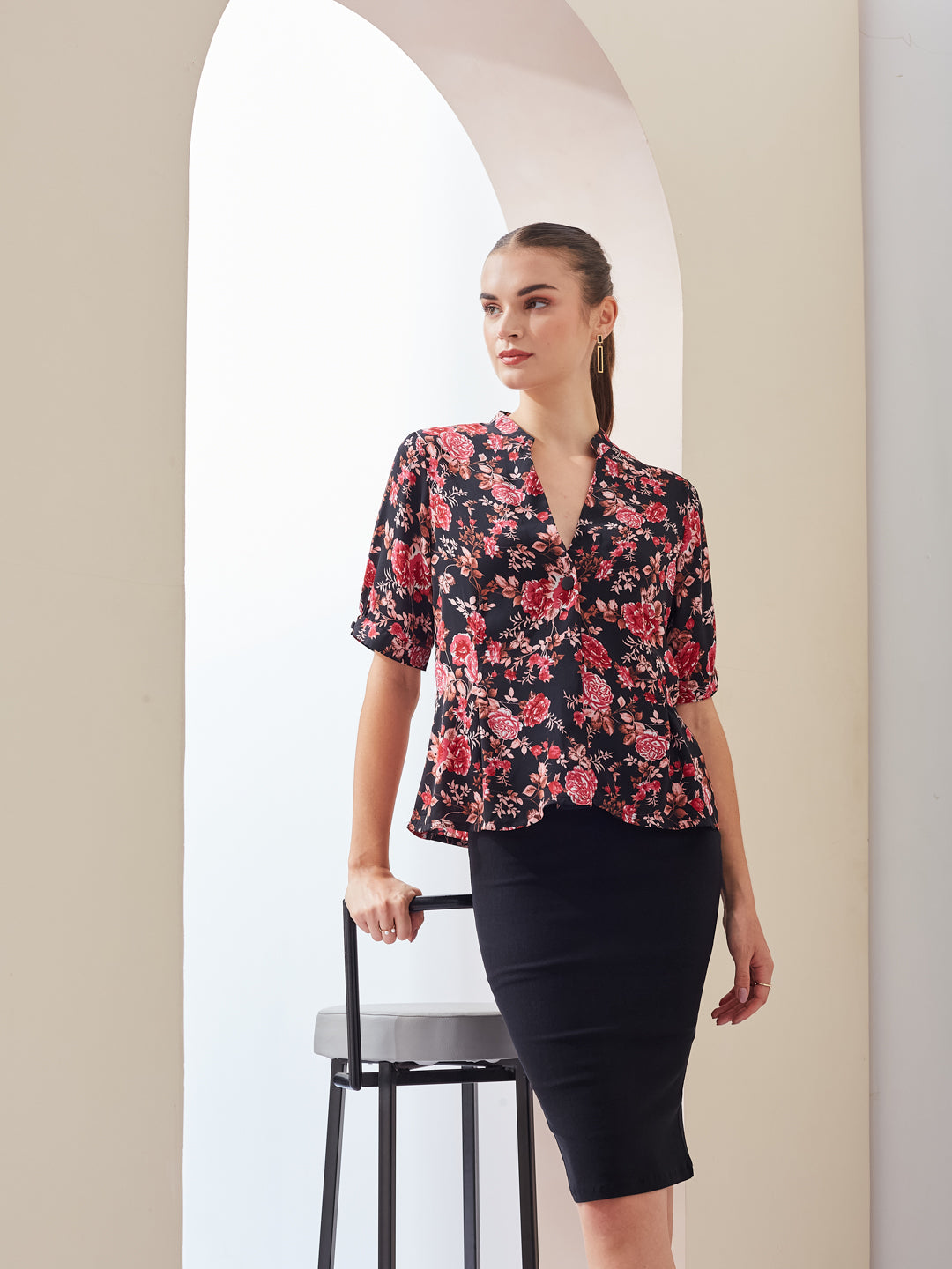 Latin Quarters Women Black Printed Mandarin Collar Short Sleeve Casual Regular Top