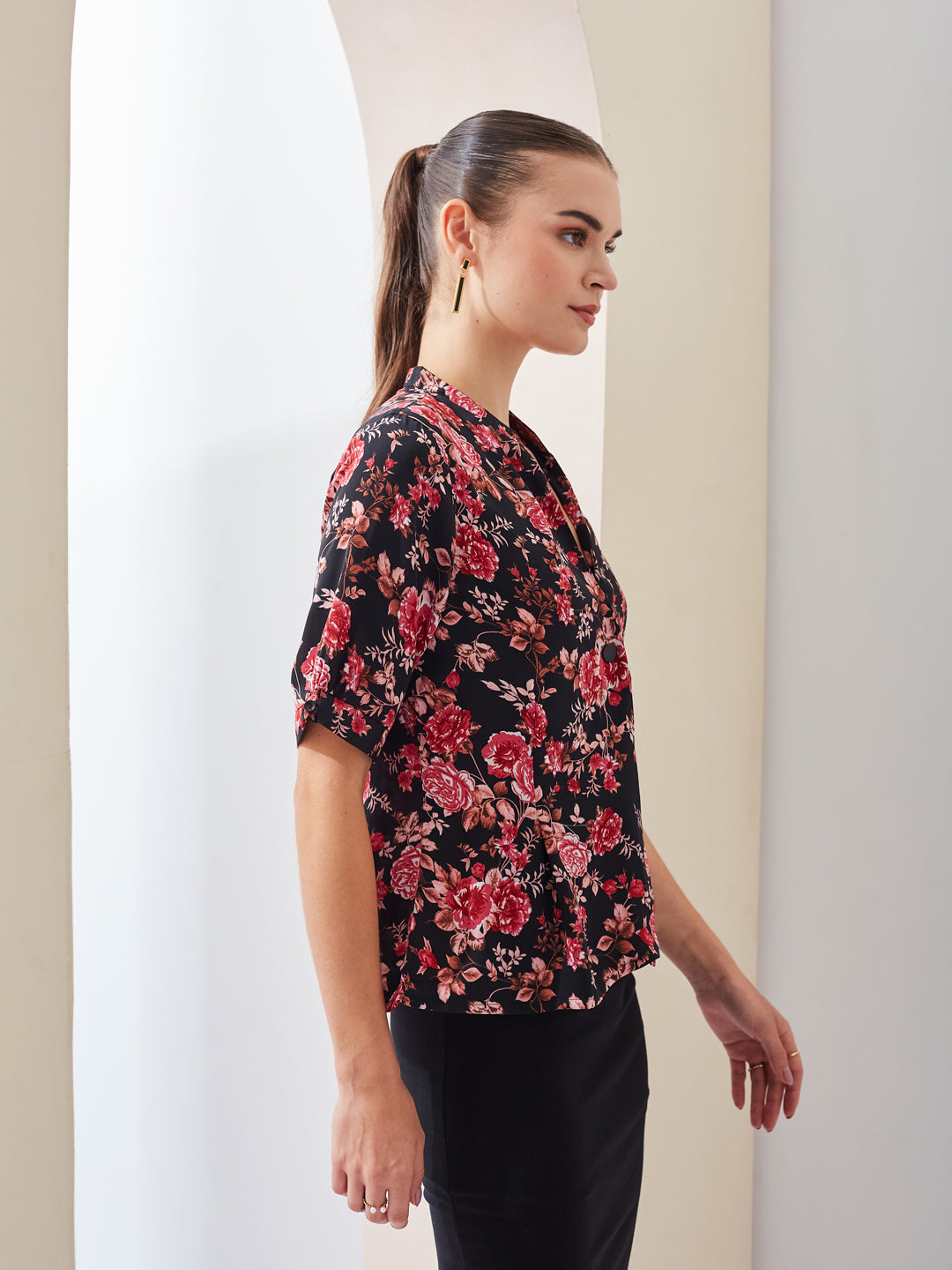Latin Quarters Women Black Printed Mandarin Collar Short Sleeve Casual Regular Top
