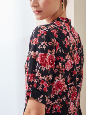 Latin Quarters Women Black Printed Mandarin Collar Short Sleeve Casual Regular Top