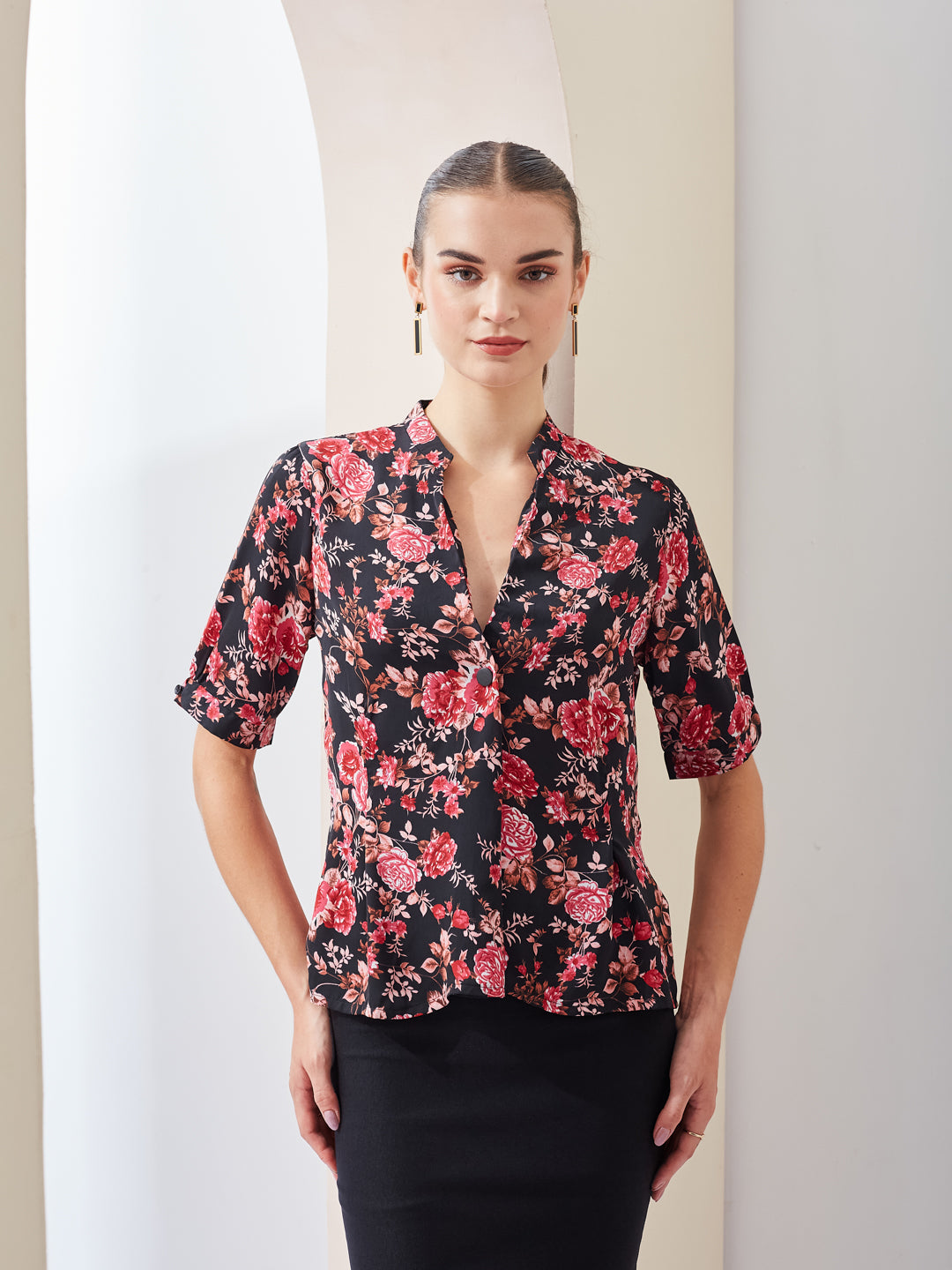 Latin Quarters Women Black Printed Mandarin Collar Short Sleeve Casual Regular Top