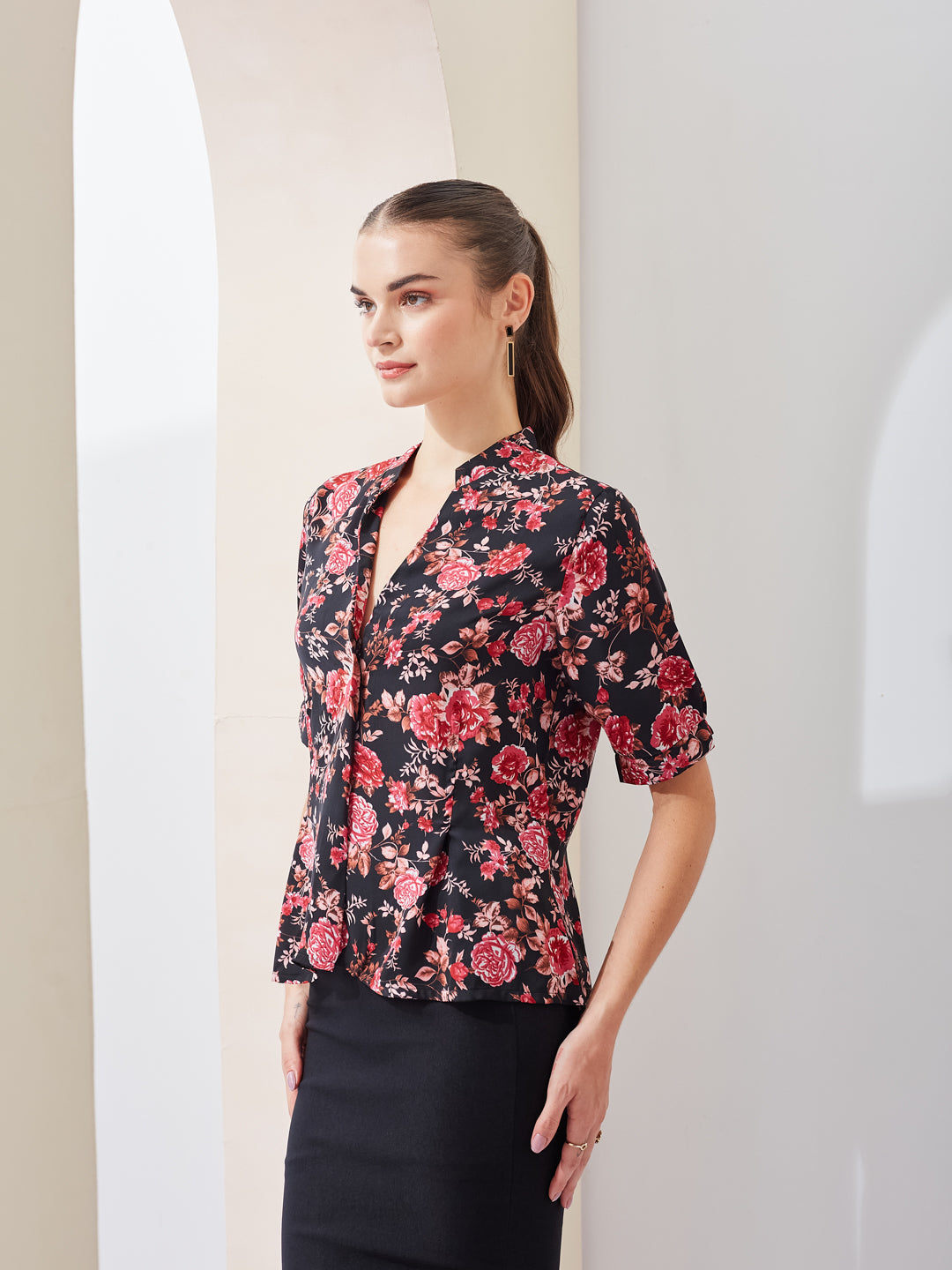 Latin Quarters Women Black Printed Mandarin Collar Short Sleeve Casual Regular Top