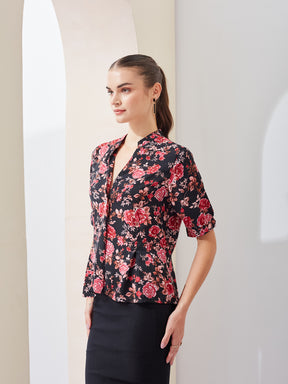 Latin Quarters Women Black Printed Mandarin Collar Short Sleeve Casual Regular Top