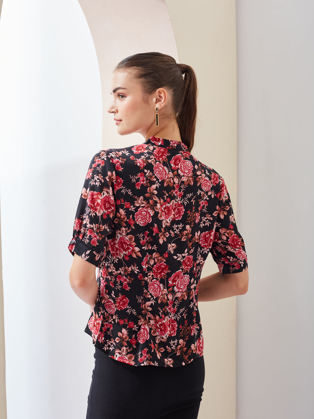 Latin Quarters Women Black Printed Mandarin Collar Short Sleeve Casual Regular Top