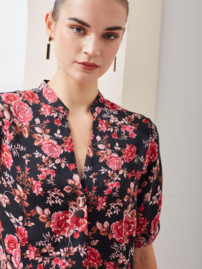 Latin Quarters Women Black Printed Mandarin Collar Short Sleeve Casual Regular Top
