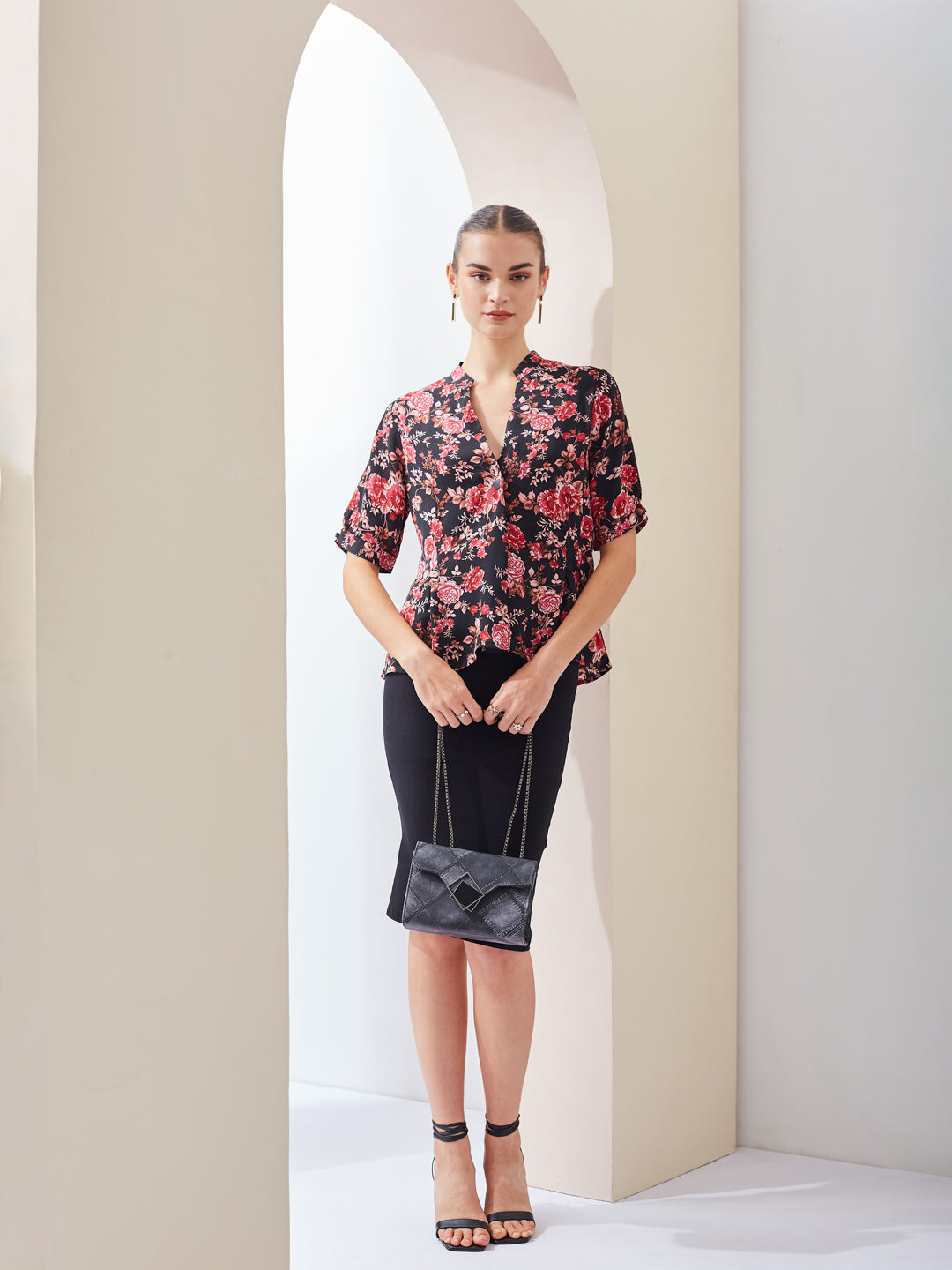 Latin Quarters Women Black Printed Mandarin Collar Short Sleeve Casual Regular Top